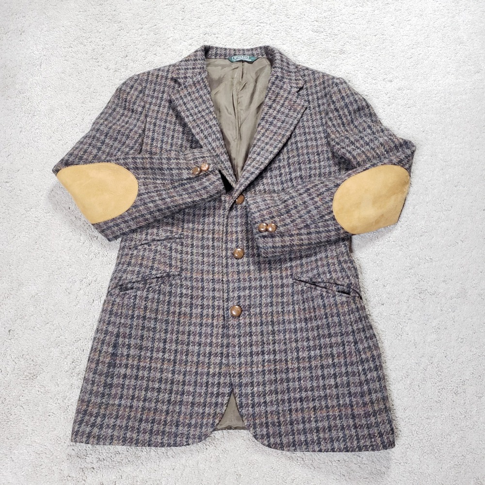 Polo Ralph Lauren Mens Vintage Tweed Houndstooth Blazer Suede Elbow Patches USA